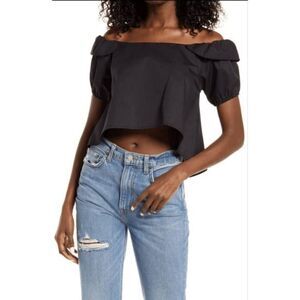 Amy Lynn Cropped Top Women Medium Black NWT Off-Shoulder Ruffle Cotton AL5216